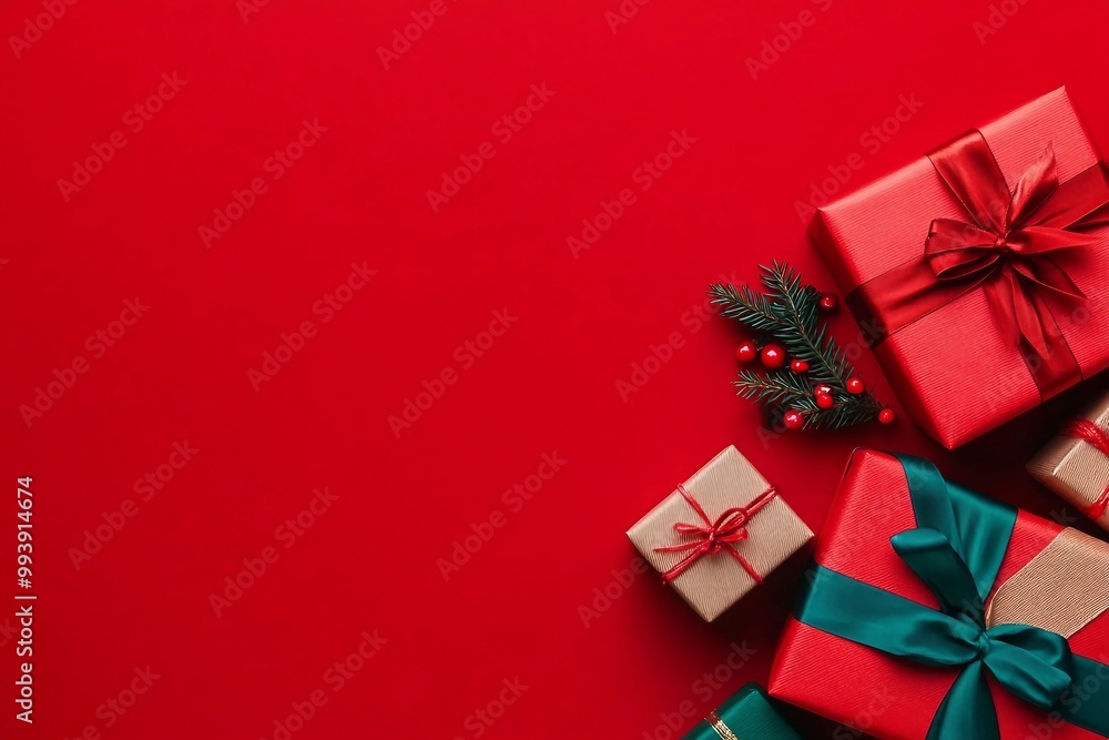 Giftpresents box over red background for chirstmas and happy new year concept with copy space. topview flatlay Giftpresents box over red background for chirstmas and happy new year concept with copy space. topview flatlay