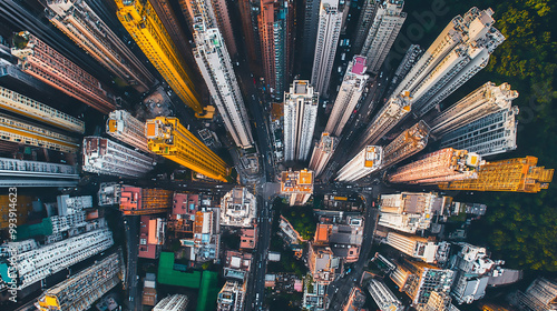 A bird's eye view of a city center with clusters of high-rise buildings, illustrating the density photo