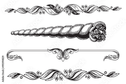 Elements baroque engraved floral scroll retro pattern. Victorian frame border ornament. Filigree vintage calligraphic elements for design. Vector image.