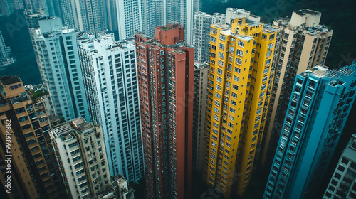 A bird's eye view of a city center with clusters of high-rise buildings, illustrating the density photo