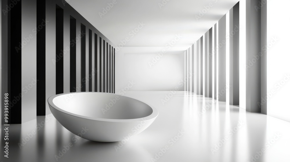 Abstract black and white interior with egg-shaped object, minimalist design, soft lighting focus Abstract black and white interior with egg-shaped object, minimalist design, soft lighting focus