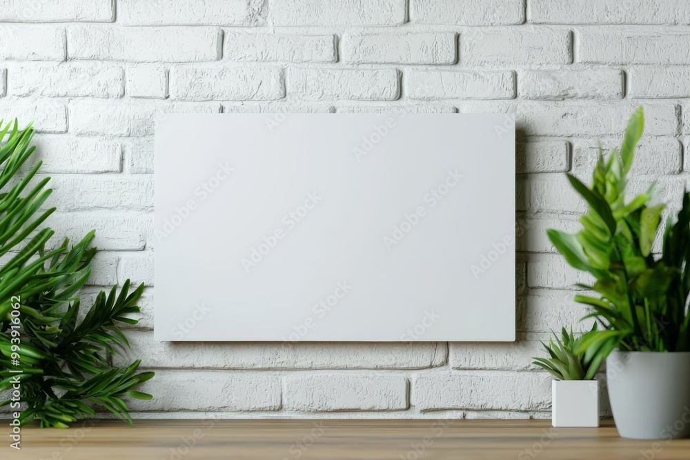 Blank wall art mockup with green plants on a wooden table, white brick background. Blank wall art mockup with green plants on a wooden table, white brick background.