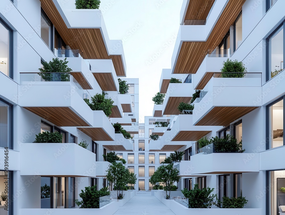 Fototapeta premium 3D structure of a high-rise building with wood-clad facades and white balconies, eco-friendly design