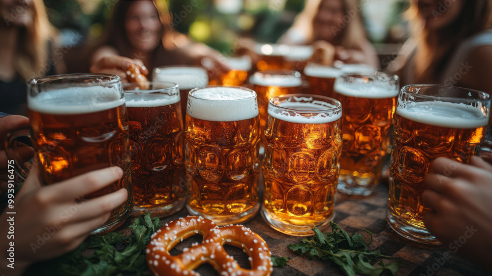 Group of friends toasting with beer mugs in outdoor beer garden Group of friends toasting with beer mugs in outdoor beer garden