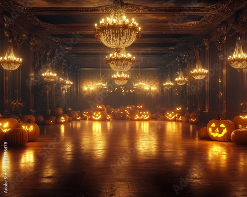 Creepy Halloween dance party in a haunted American ballroom eerie chandeliers flickering