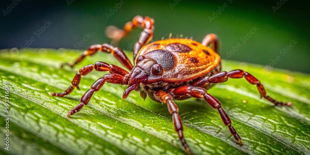 Close-up of a Tick on Green Leaf Showcasing Details of Its Body and Natural Habitat Environment Close-up of a Tick on Green Leaf Showcasing Details of Its Body and Natural Habitat Environment
