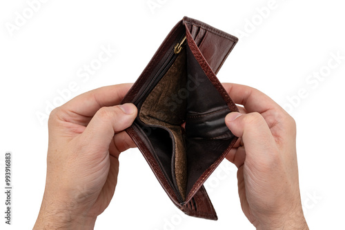 Male hands holding open empty wallet. Top view close up. Hands isolate with wallet