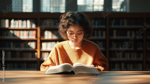 Young Female Reading in Library Setting