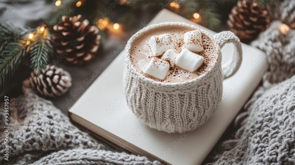 Cozy winter drink with marshmallows on a warm knit blanket Cozy winter drink with marshmallows on a warm knit blanket
