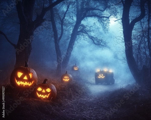 Creepy Halloween hayride through an old American farm eerie fog rolling over the fields