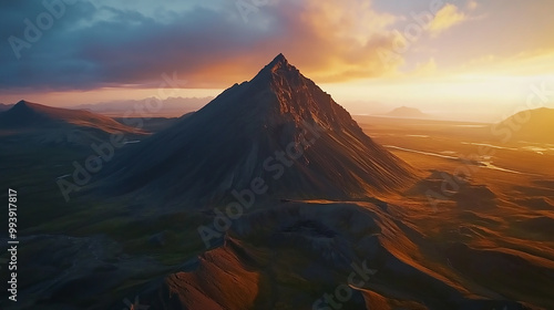 Peaceful sunrise over scenic mountain landscape with rolling hills and soft light. 