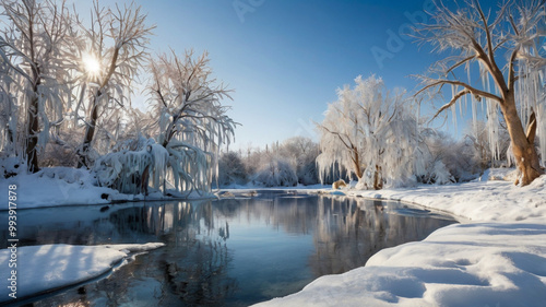 Winter Wonderland with Frosty Trees and Still Water