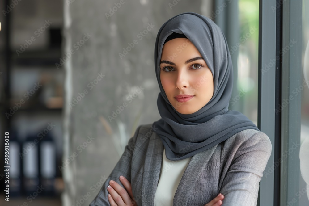 Portrait of a Muslim woman in a gray headscarf, her arms folded across her chest. She is in an office Portrait of a Muslim woman in a gray headscarf, her arms folded across her chest. She is in an office