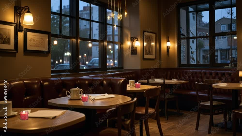 The view inside a quiet cafe with yellow lights gives an aesthetic and elegant impression The view inside a quiet cafe with yellow lights gives an aesthetic and elegant impression