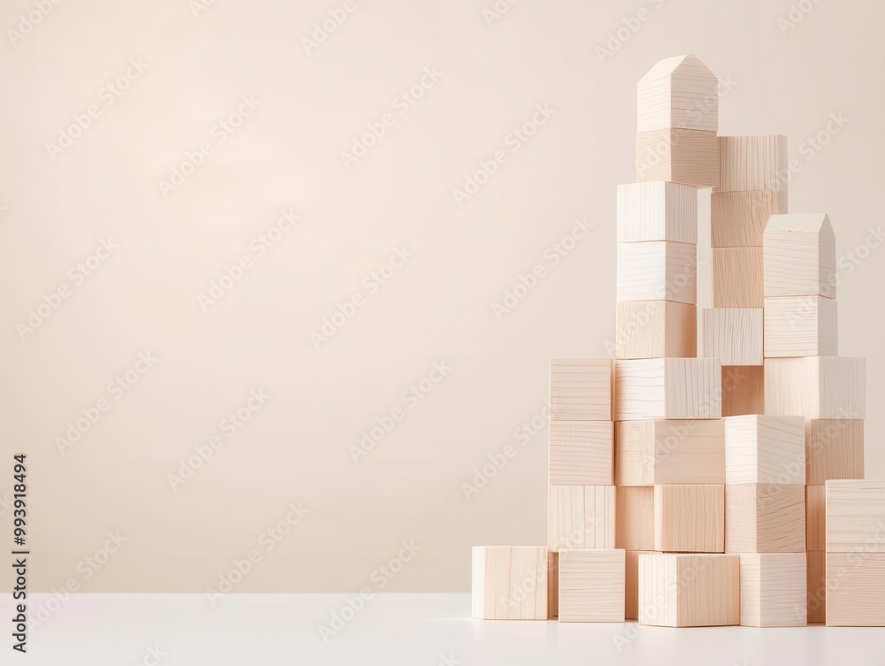 Tall 3D building mass model with stacked wooden blocks and white elements, vertical city concept Tall 3D building mass model with stacked wooden blocks and white elements, vertical city concept