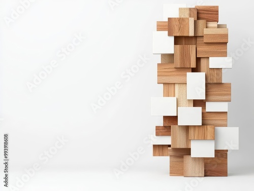 Tall 3D building mass model with stacked wooden blocks and white elements, vertical city concept