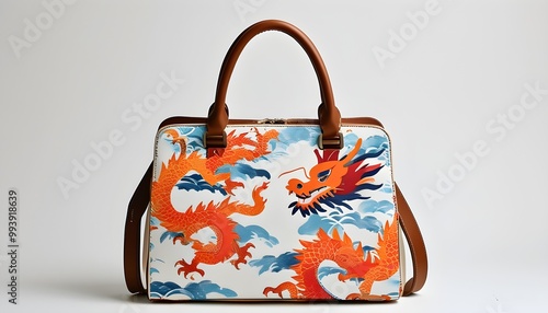 Colorful Japanese dragon pattern tote bag with brown leather handle and shoulder strap on a white background photo