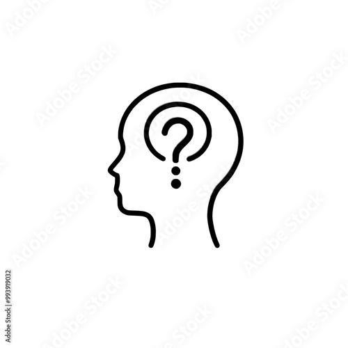 Isolated on white background, this flat modern illustration shows a human head with a question editable stroke outline icon. The size of the illustration is 64 x 64 pixels.