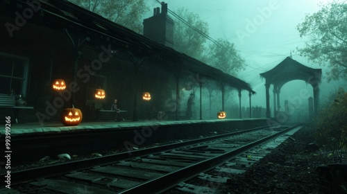 Creepy Halloween-themed American train station eerie figures waiting on the platform photo