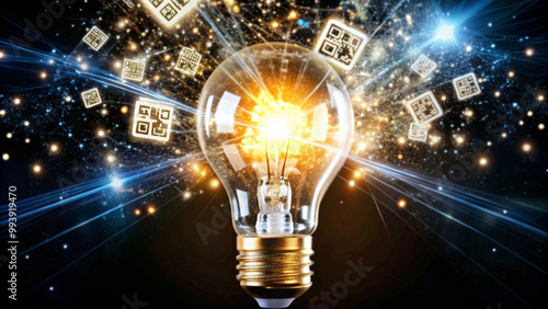 A glowing light bulb stands at the center, surrounded by QR codes and a backdrop of radiant light streaks and sparkles. The image evokes a sense of innovation and technology. AI generated.