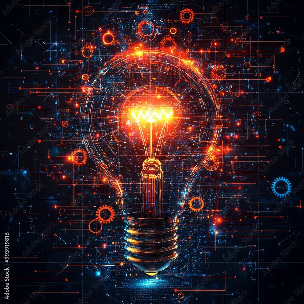 Bright Lightbulb Surrounded by Digital Gears Bright Lightbulb Surrounded by Digital Gears