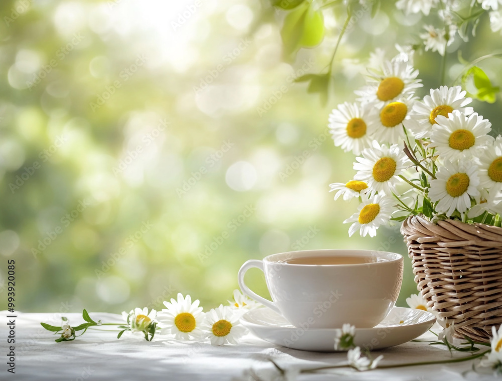 A cup of tea and a small basket with daisies on the table against a green spring background. A cup of tea and a small basket with daisies on the table against a green spring background.