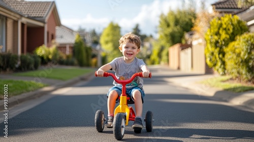 Fototapeta Naklejka Na Ścianę i Meble -  Laughing toddler boy rides colorful tricycle on quiet suburban street, showcasing childhood independence and outdoor play on a bright, sunny day