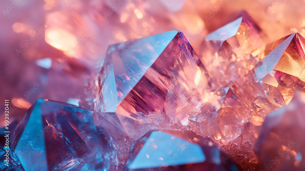 Close-up of iridescent, geometric shapes with vibrant pink and purple hues creating a mesmerizing Close-up of iridescent, geometric shapes with vibrant pink and purple hues creating a mesmerizing