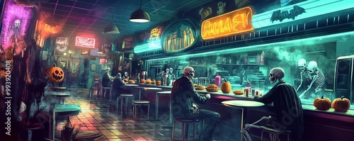 Eerie American diner at Halloween neon signs flickering