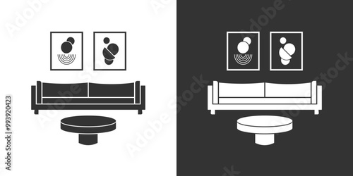Furniture interior black and white icon with sofa, coffee table and posters
