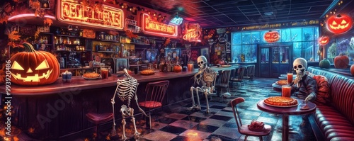 Eerie American diner at Halloween neon signs flickering photo