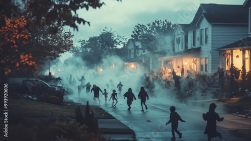 Eerie Halloween block party in an American suburb houses decorated with skeletons and ghosts