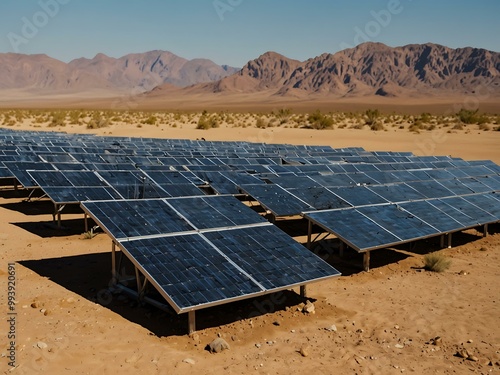 Solar energy panels in a desert landscape.