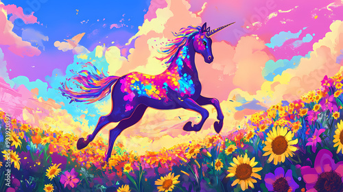 A vibrant, cartoonish centaur prances through a field of sunflowers and daisies, radiating joy and color. Centaur. Illustration photo