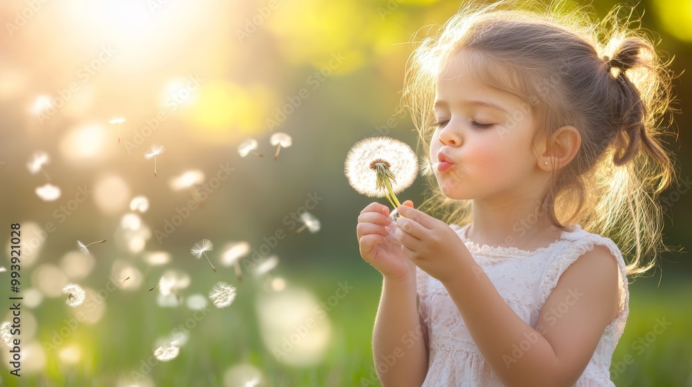 Young girl in white dress blows dandelion seeds, surrounded by floating seedlings in golden evening light, embodying childhood wonder and innocence Young girl in white dress blows dandelion seeds, surrounded by floating seedlings in golden evening light, embodying childhood wonder and innocence