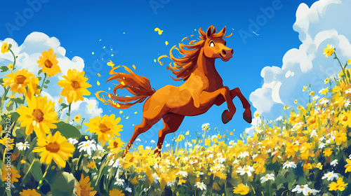 A vibrant, cartoonish centaur prances through a field of sunflowers and daisies, radiating joy and color. Centaur. Illustration photo