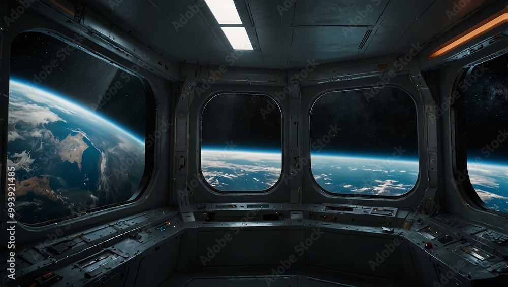 Spaceship corridor with Earth visible through a window. Spaceship corridor with Earth visible through a window.