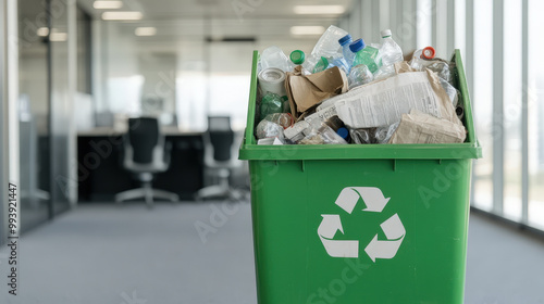 Overflowing Green Recycle Bin in Modern Office