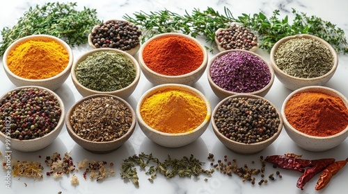 Colorful assortment of spices in bowls on a marble surface.