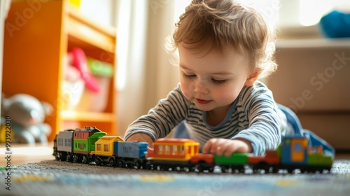 Young boy in striped shirt focused on colorful toy train set, capturing childhood fascination with transportation and imaginative play