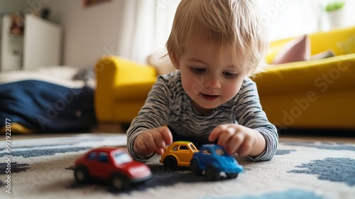 Adorable toddler boy in striped shirt plays with colorful toy cars on carpet, surrounded by home decor, showcasing childhood imagination and indoor play