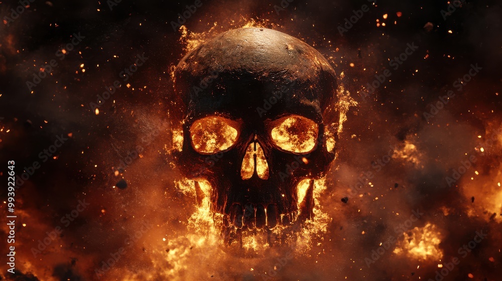 Burning Human Skull in Fiery Flames Burning Human Skull in Fiery Flames