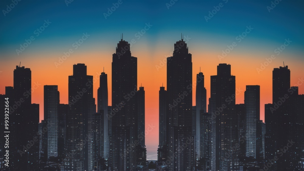 Fototapeta premium Urban Skyline at Dusk: City skyscraper silhouettes with a gradient sky from deep blue to warm orange, punctuated by twinkling lights.