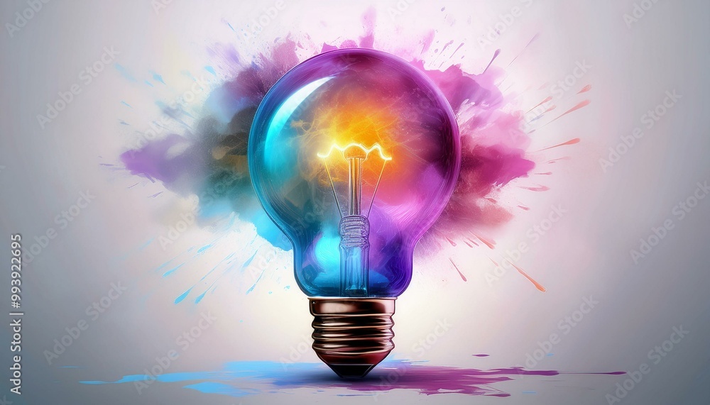 Colorful light bulb with splashes of paint on a neutral background.