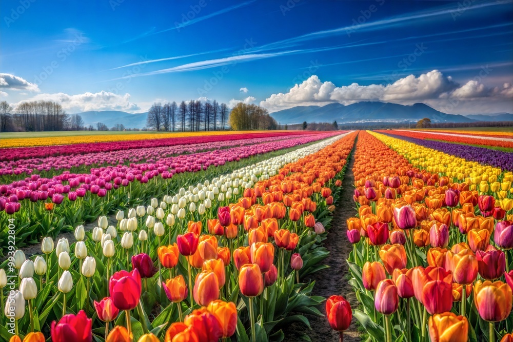 Field of vibrant tulips with mountain range and blue sky Field of vibrant tulips with mountain range and blue sky