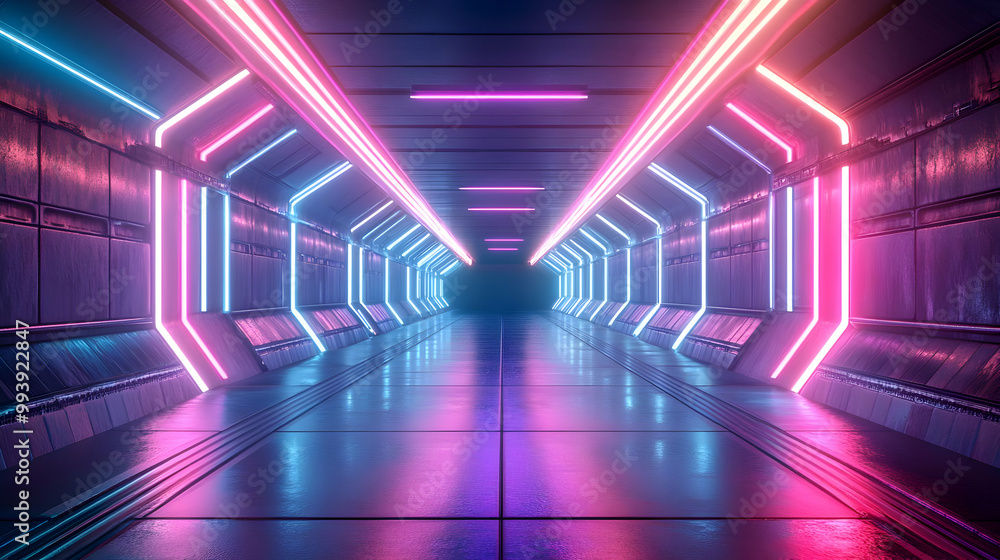 Neon Lights in a Futuristic Corridor 3D Illustration Neon Lights in a Futuristic Corridor 3D Illustration