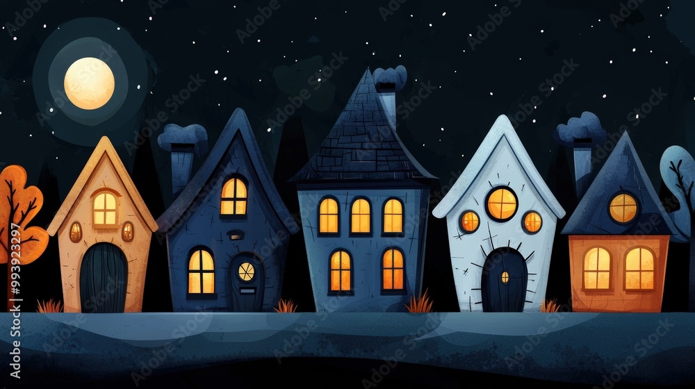 Fototapeta premium Charming houses against a night sky with glowing windows and a full moon.