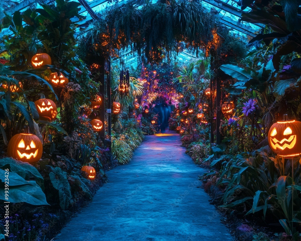 Fototapeta premium Eerie Halloween-themed botanical garden in an American city glowing jack-o-lanterns lighting the paths