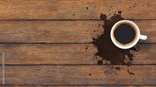 Coffee cup on wooden table with spilled grounds, rustic background. photo