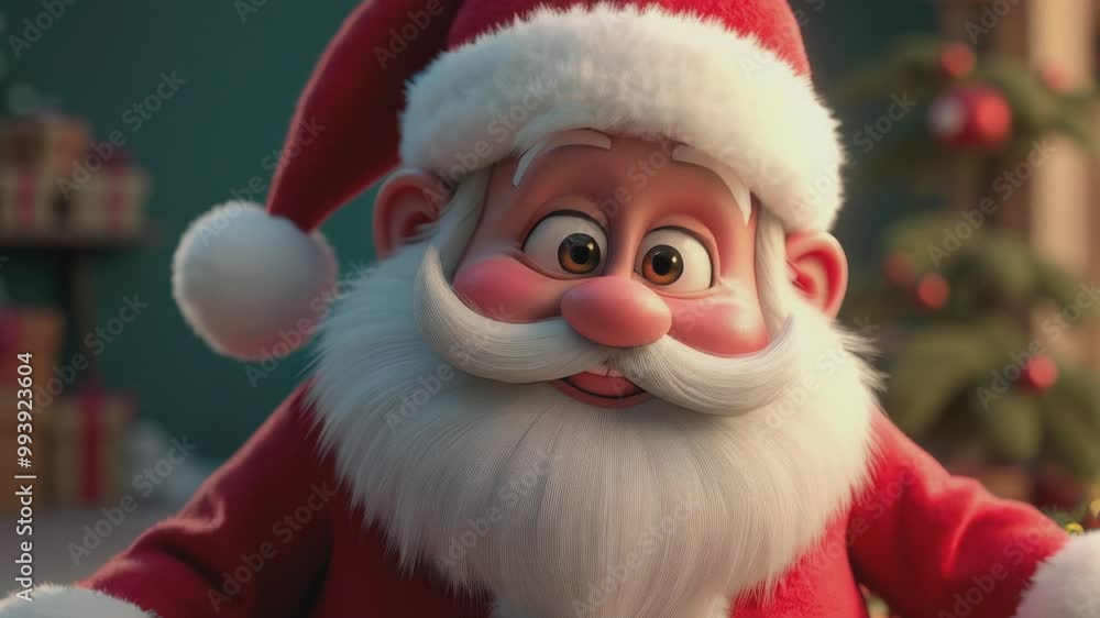 A cute and friendly Santa Claus with rosy cheeks and big kind eyes, dressed in a traditional red suit. The detailed beard and warm festive background create a sense of joy and magic of Christmas. A cute and friendly Santa Claus with rosy cheeks and big kind eyes, dressed in a traditional red suit. The detailed beard and warm festive background create a sense of joy and magic of Christmas.